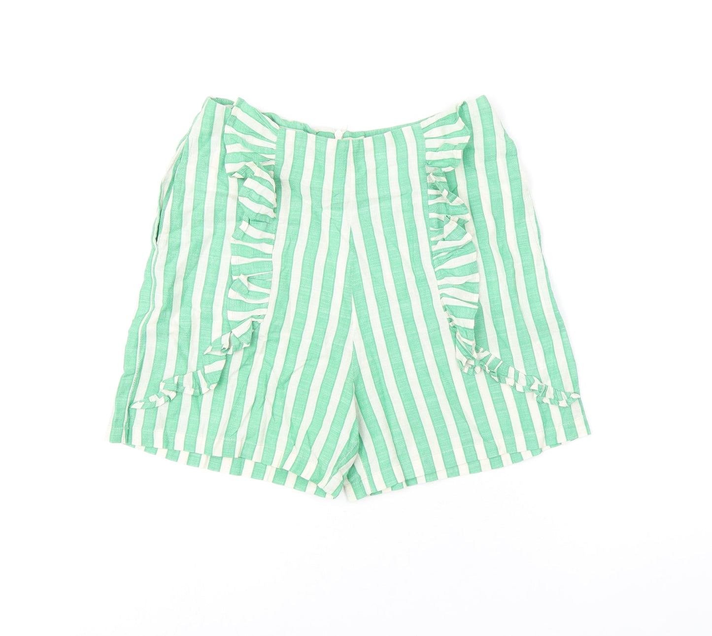 Glamorous Womens Green Striped Cotton Basic Shorts Size 8 L3.5 in Regular Zip - Frill Detail
