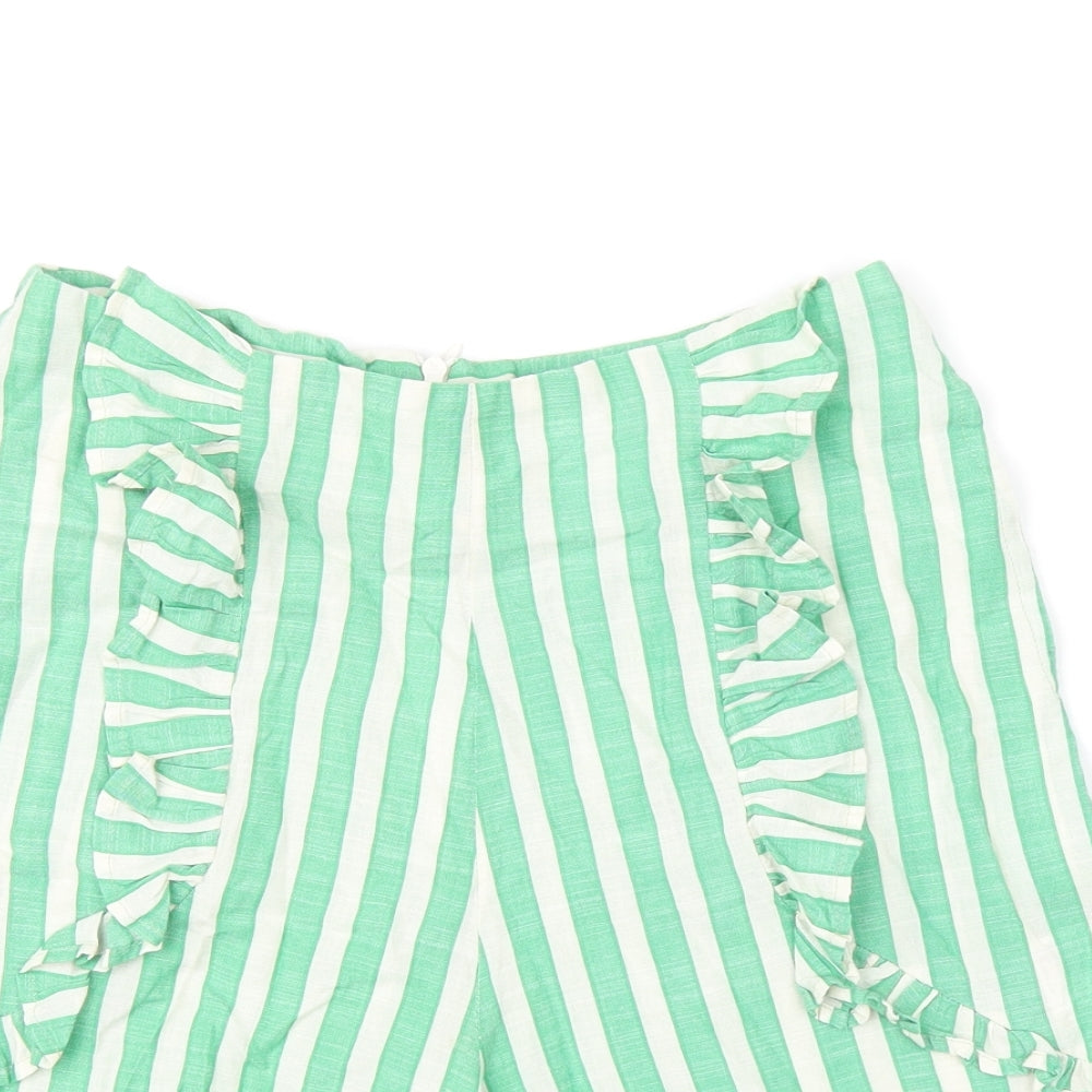 Glamorous Womens Green Striped Cotton Basic Shorts Size 8 L3.5 in Regular Zip - Frill Detail