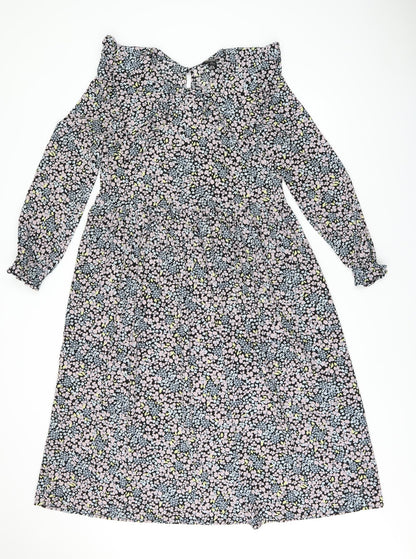 Monki Womens Multicoloured Floral Polyester A-Line Size 6 Collared Button
