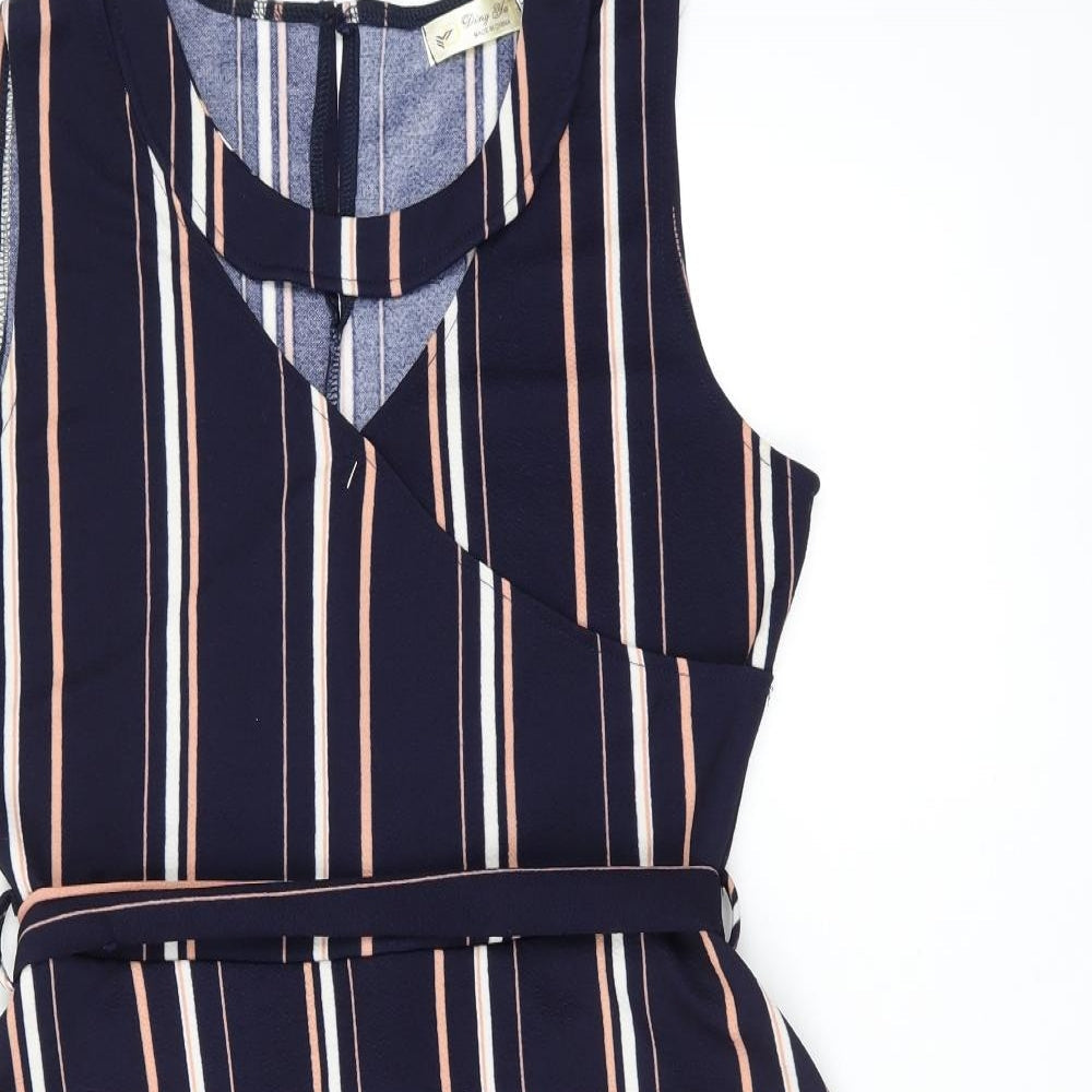 Ding Yu Womens Blue Striped Polyester A-Line Size XL Round Neck Pullover - Keyhole Neck
