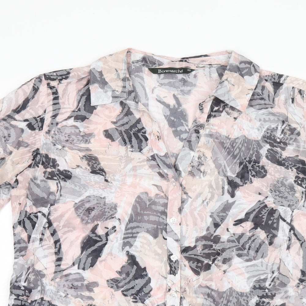 Bonmarché Womens Pink Geometric Polyester Basic Button-Up Size 10 Collared - Leaf Print