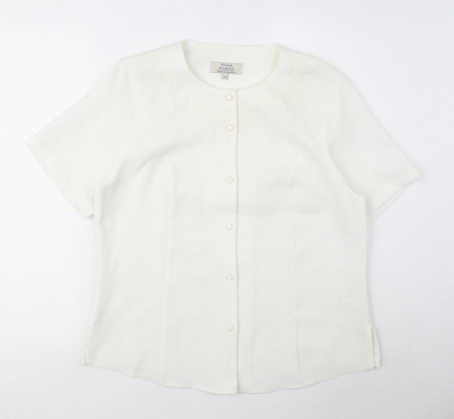 EWM Womens White Polyester Basic Blouse Size 12 Round Neck - Embroidered detail