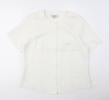 EWM Womens White Polyester Basic Blouse Size 12 Round Neck - Embroidered detail