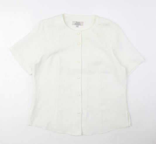 EWM Womens White Polyester Basic Blouse Size 12 Round Neck - Embroidered detail