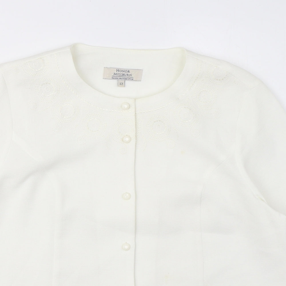 EWM Womens White Polyester Basic Blouse Size 12 Round Neck - Embroidered detail