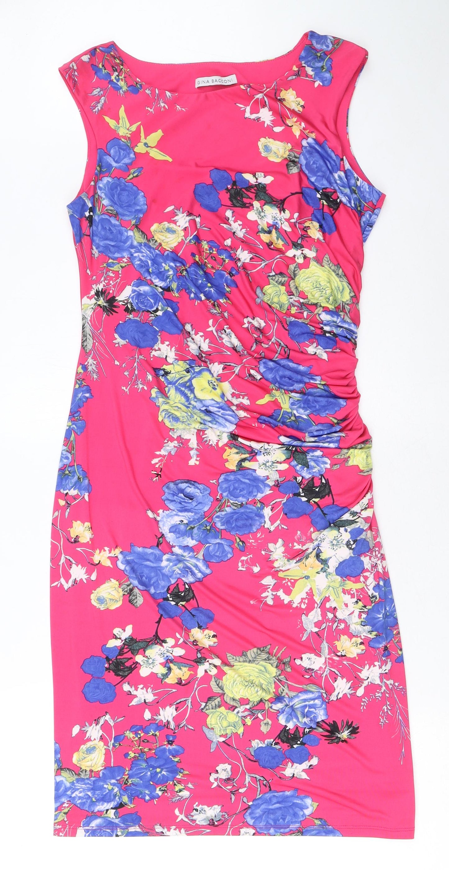 Gina Bacconi Womens Pink Floral Polyester Bodycon Size 12 Round Neck Pullover - Ruched Side