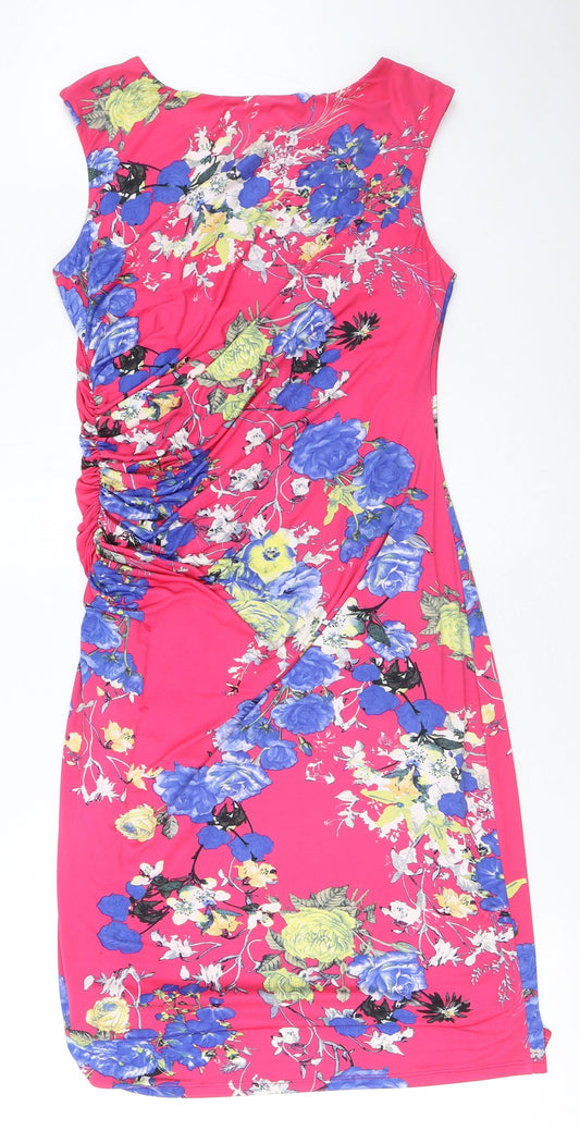 Gina Bacconi Womens Pink Floral Polyester Bodycon Size 12 Round Neck Pullover - Ruched Side