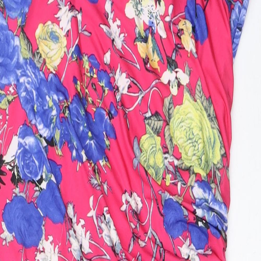 Gina Bacconi Womens Pink Floral Polyester Bodycon Size 12 Round Neck Pullover - Ruched Side