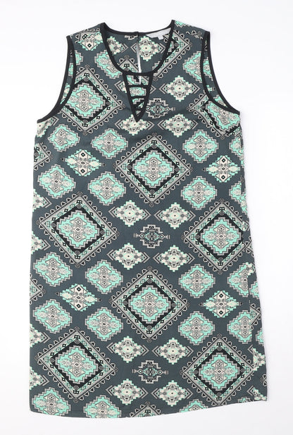 Red Herring Womens Blue Geometric Polyester Tank Dress Size 12 Round Neck Button - Keyhole Neck