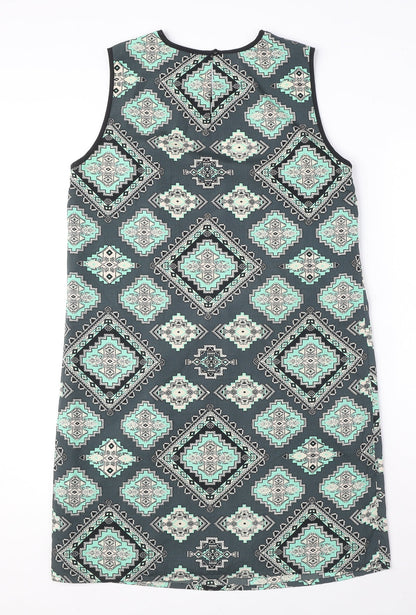 Red Herring Womens Blue Geometric Polyester Tank Dress Size 12 Round Neck Button - Keyhole Neck