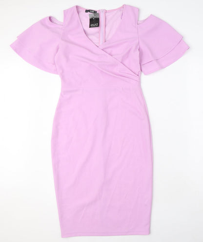 Quiz Womens Purple Polyester Pencil Dress Size 8 V-Neck Zip - Cold Shoulder, Ruffle Sleeves