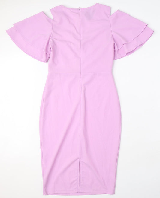 Quiz Womens Purple Polyester Pencil Dress Size 8 V-Neck Zip - Cold Shoulder, Ruffle Sleeves