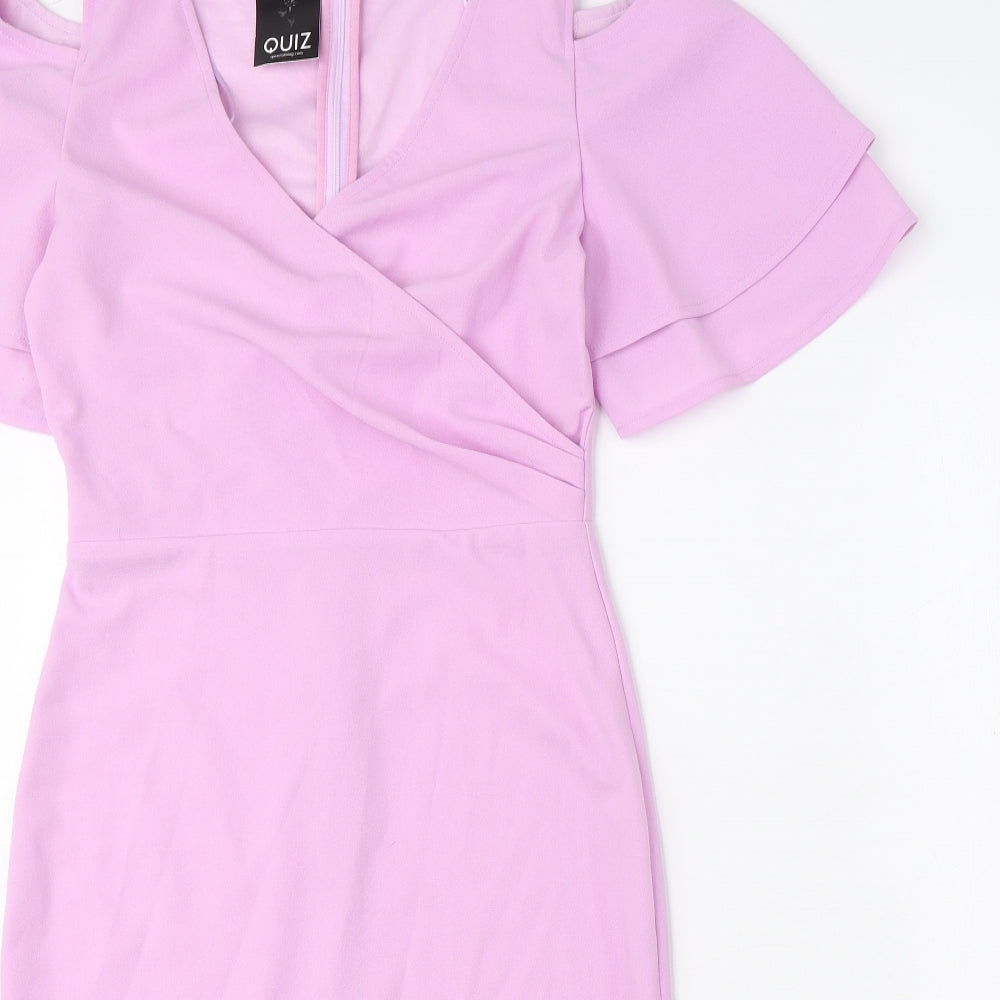 Quiz Womens Purple Polyester Pencil Dress Size 8 V-Neck Zip - Cold Shoulder, Ruffle Sleeves