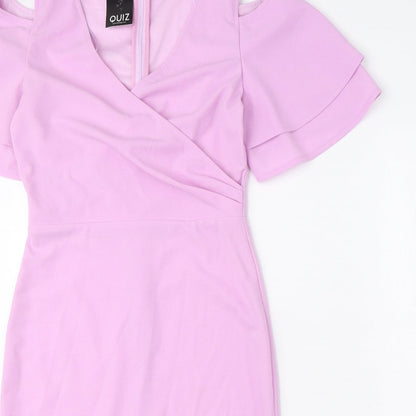 Quiz Womens Purple Polyester Pencil Dress Size 8 V-Neck Zip - Cold Shoulder, Ruffle Sleeves