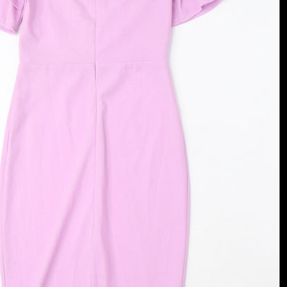 Quiz Womens Purple Polyester Pencil Dress Size 8 V-Neck Zip - Cold Shoulder, Ruffle Sleeves