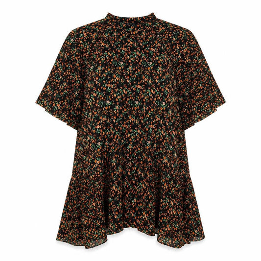 Front view of ASOS women’s black floral polyester t-shirt dress, size UK 10, round neck pullover - textured