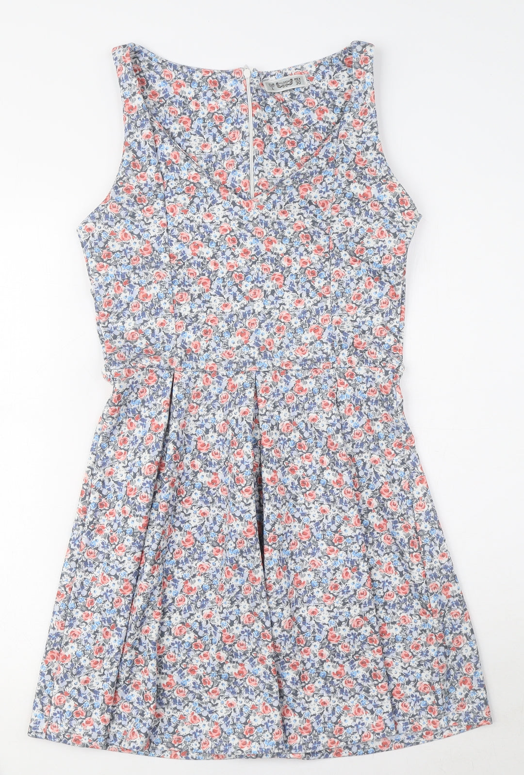 Pull&Bear Womens Blue Floral Polyester Fit & Flare Size L V-Neck Zip