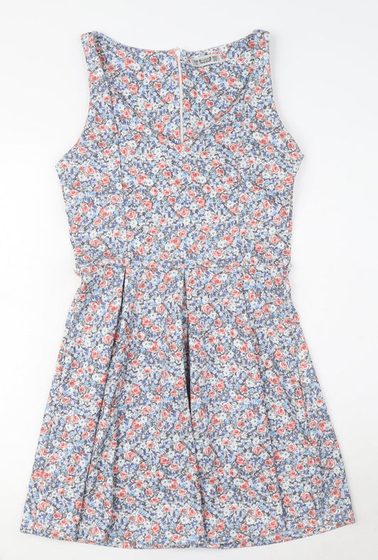 Pull&Bear Womens Blue Floral Polyester Fit & Flare Size L V-Neck Zip