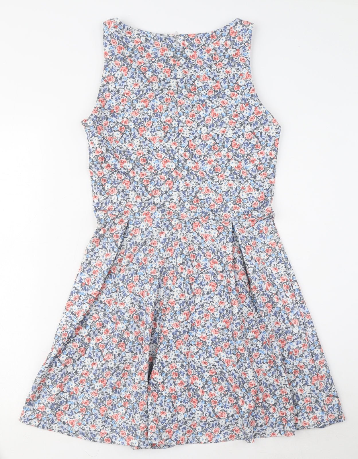 Pull&Bear Womens Blue Floral Polyester Fit & Flare Size L V-Neck Zip