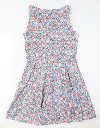 Pull&Bear Womens Blue Floral Polyester Fit & Flare Size L V-Neck Zip