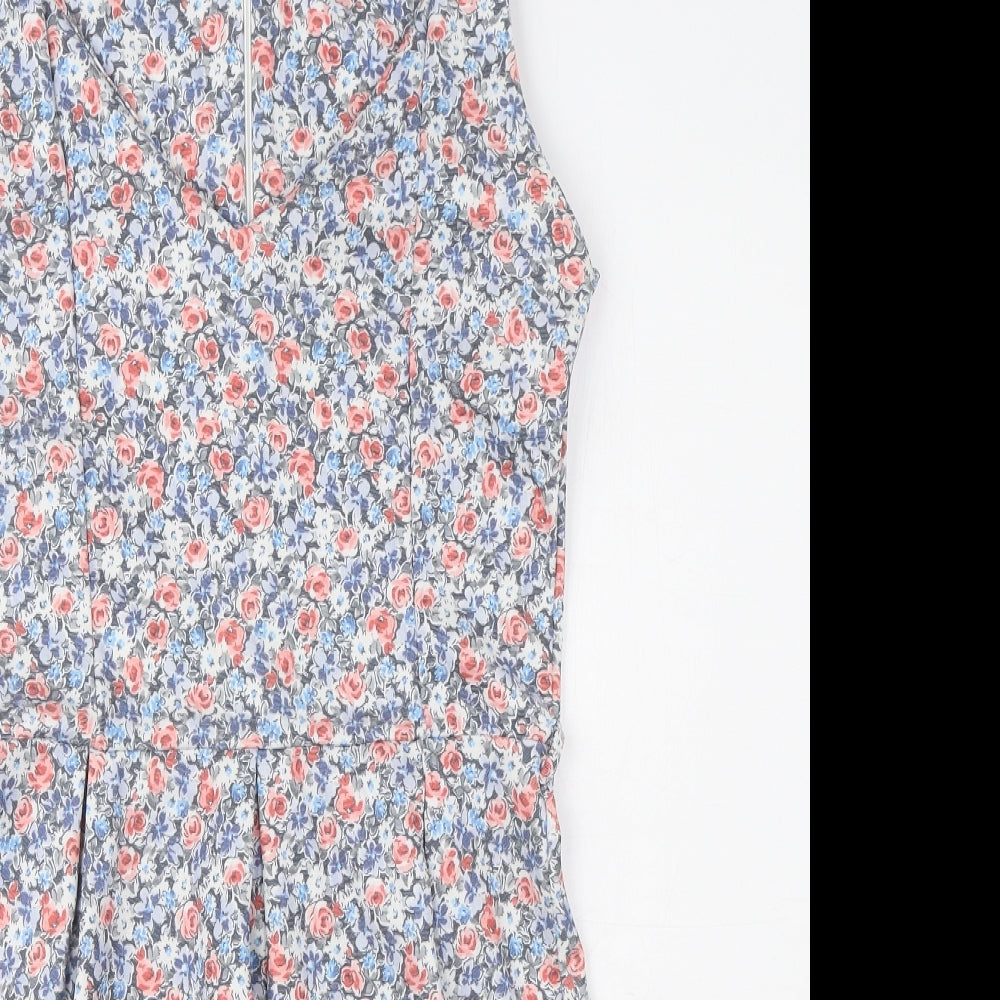 Pull&Bear Womens Blue Floral Polyester Fit & Flare Size L V-Neck Zip