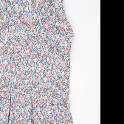Pull&Bear Womens Blue Floral Polyester Fit & Flare Size L V-Neck Zip