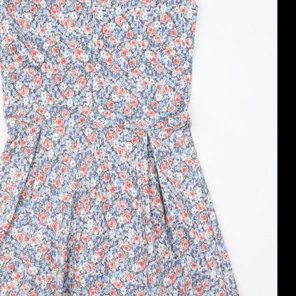 Pull&Bear Womens Blue Floral Polyester Fit & Flare Size L V-Neck Zip