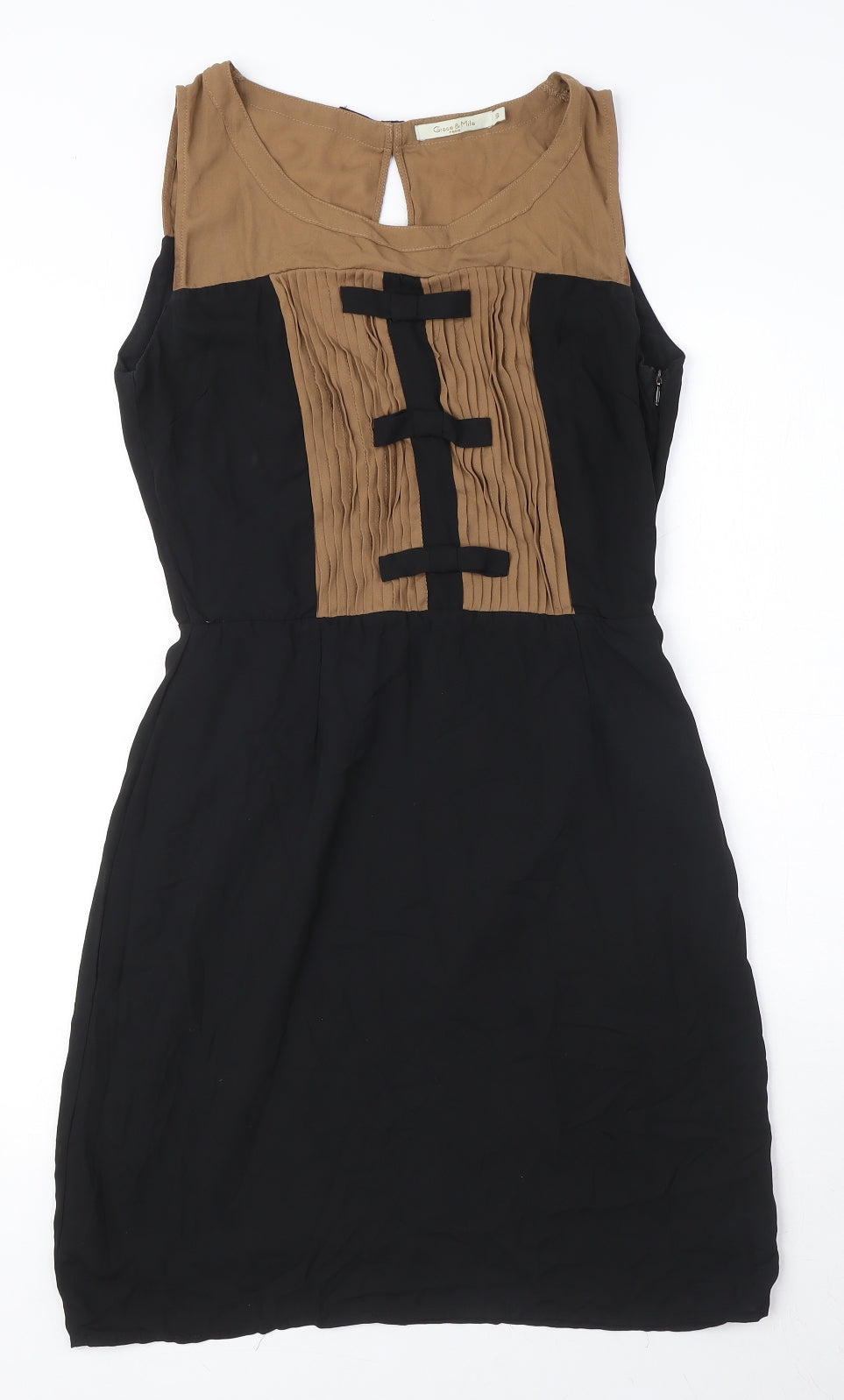 Grace & Mila Womens Black Polyester A-Line Size S Round Neck Zip - Bow Detail