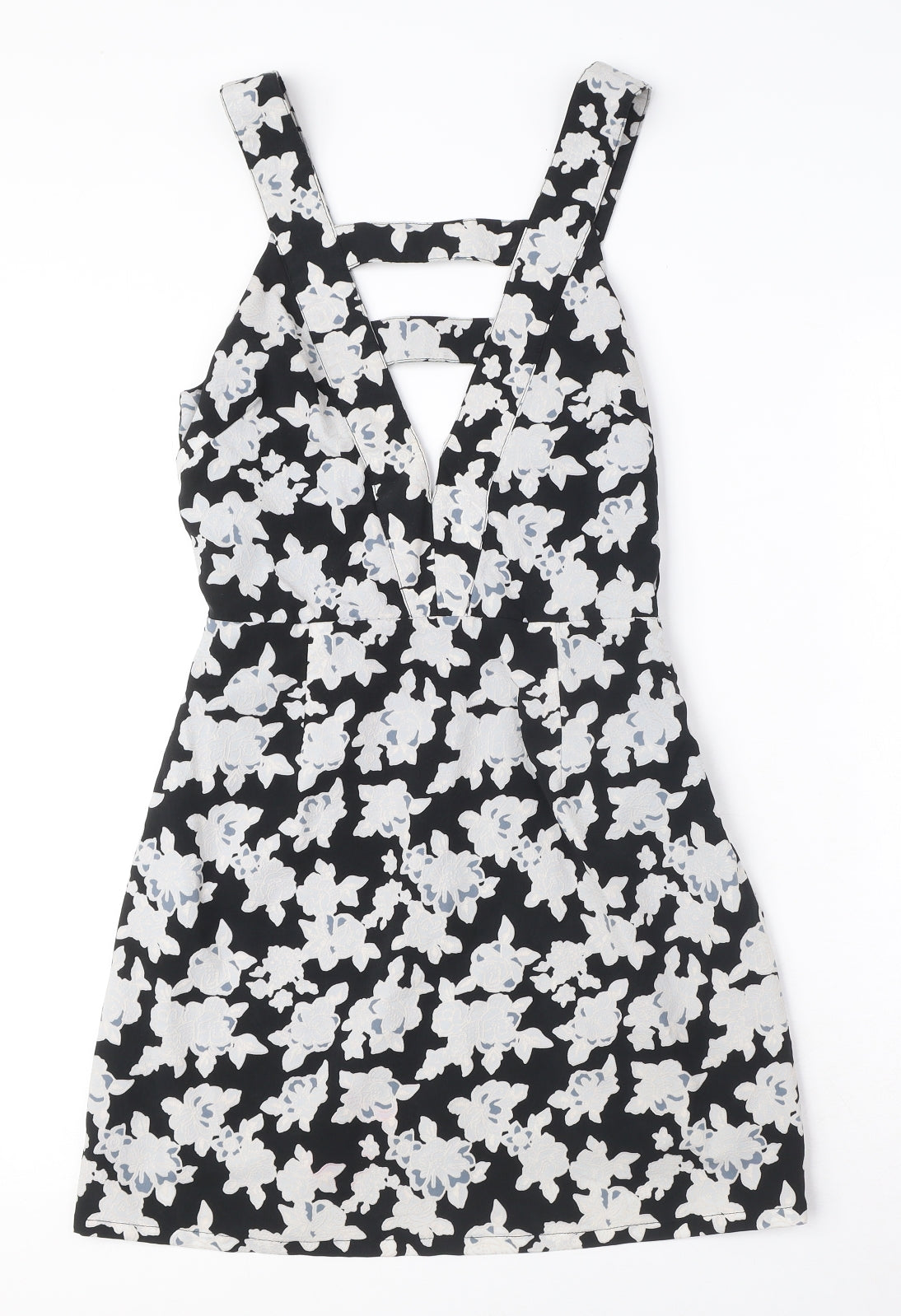Missguided Womens Black Floral Polyester A-Line Size 8 V-Neck Zip - Cut Out Detail