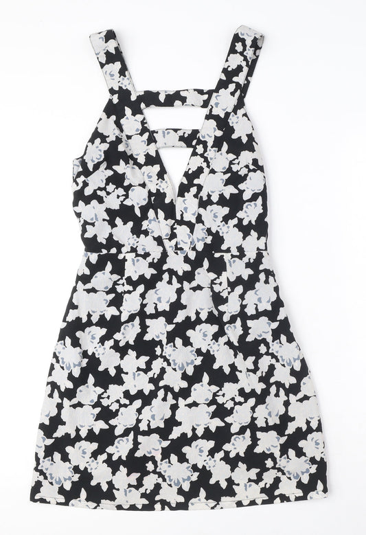 Missguided Womens Black Floral Polyester A-Line Size 8 V-Neck Zip - Cut Out Detail