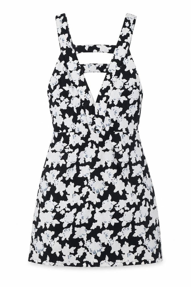 Front view of Missguided women’s black floral polyester a-line, size UK 8, v-neck zip - cut out detail