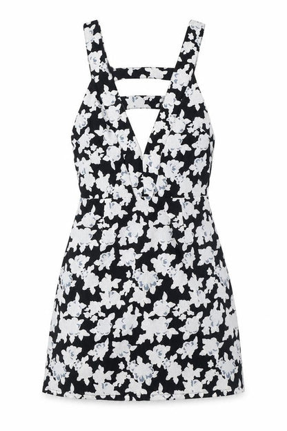 Front view of Missguided women’s black floral polyester a-line, size UK 8, v-neck zip - cut out detail