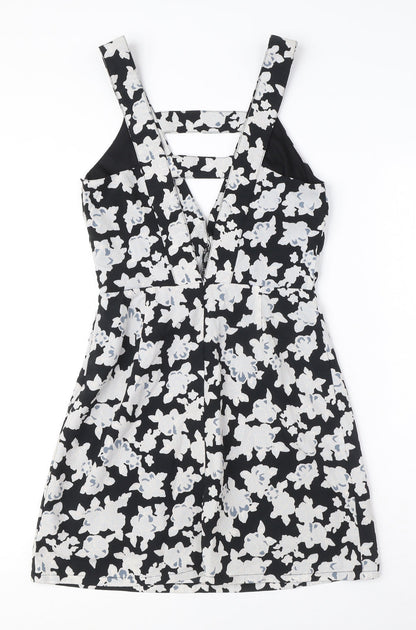 Missguided Womens Black Floral Polyester A-Line Size 8 V-Neck Zip - Cut Out Detail