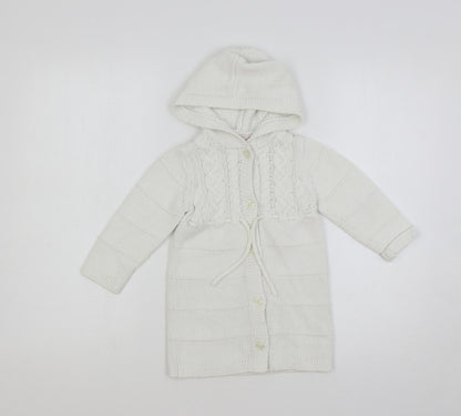 Janie and Jack Girls White Round Neck Cotton Cardigan Jumper Size 2 Years Button - Hooded