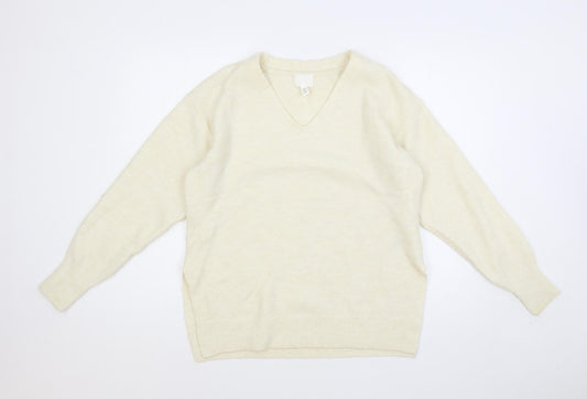 H&M Womens Ivory V-Neck Polyester Pullover Jumper Size XS
