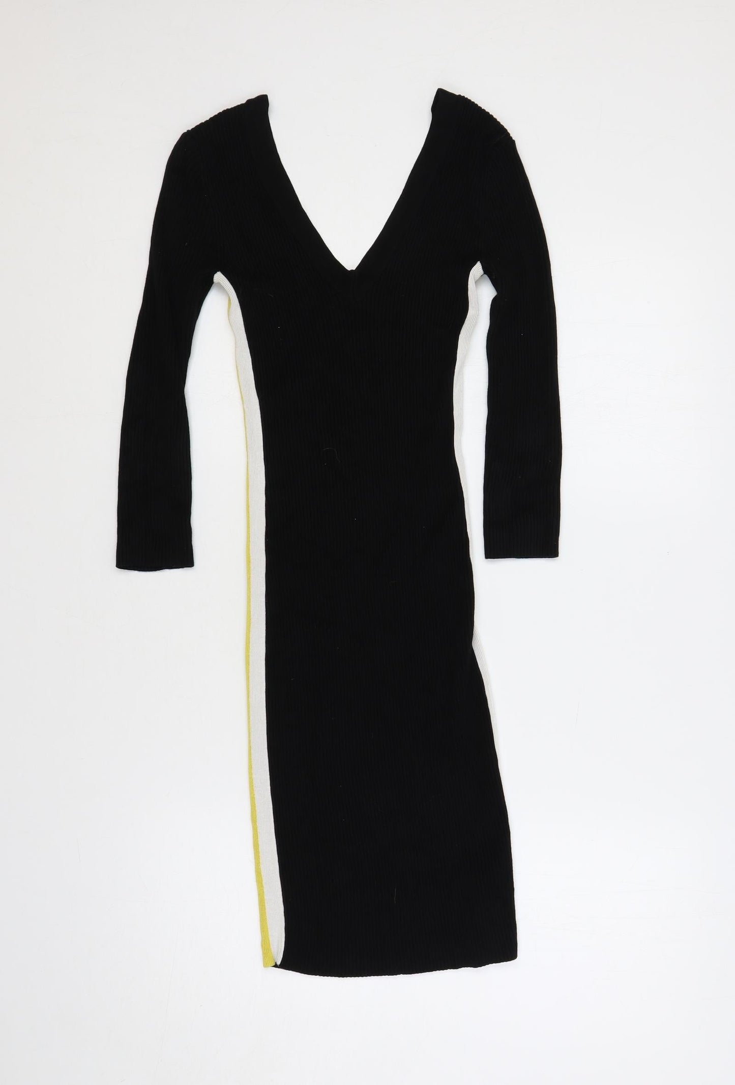 Miss Selfridge Womens Black Viscose Jumper Dress Size 6 V-Neck Pullover - Ribbed Side Stripe
