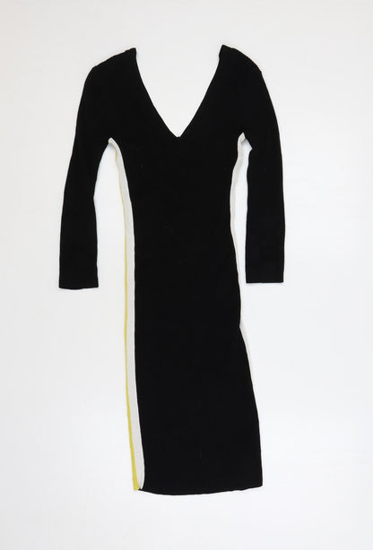 Miss Selfridge Womens Black Viscose Jumper Dress Size 6 V-Neck Pullover - Ribbed Side Stripe