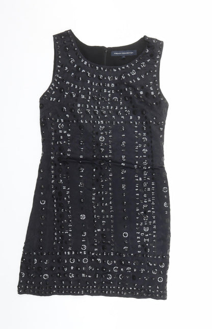 French Connection Womens Black Viscose A-Line Size 6 Round Neck Zip - Sequin Detail