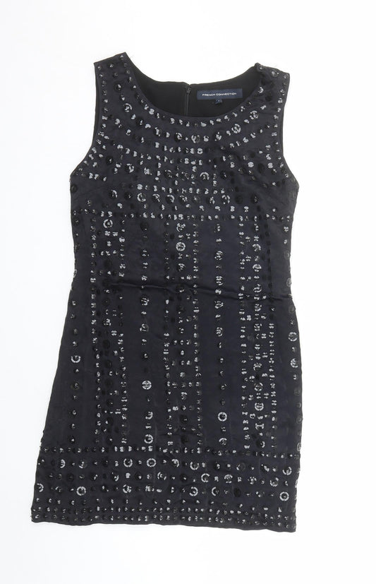 French Connection Womens Black Viscose A-Line Size 6 Round Neck Zip - Sequin Detail