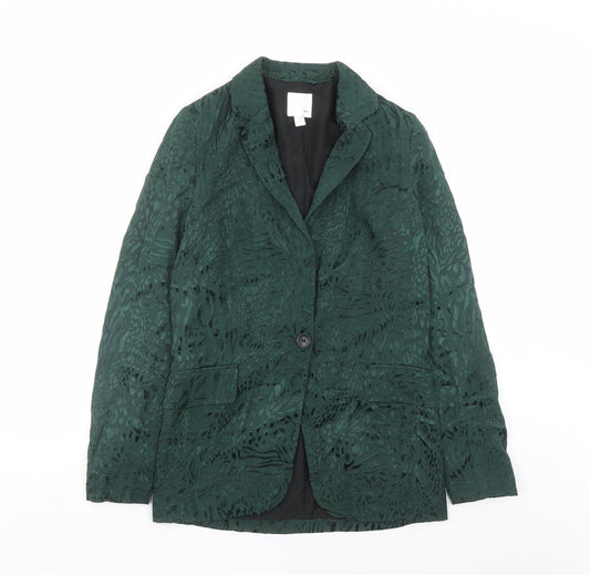 H&M Womens Green Animal Print Viscose Jacket Blazer Size 6 - Leopard Pattern
