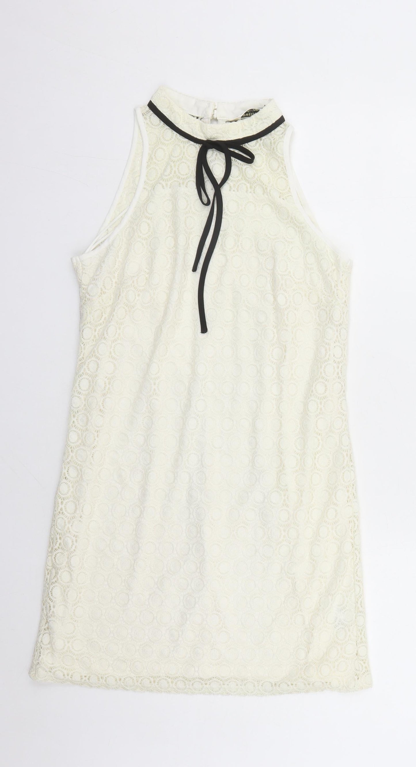 Miss Selfridge Womens Ivory Geometric Polyamide A-Line Size 10 Round Neck Zip