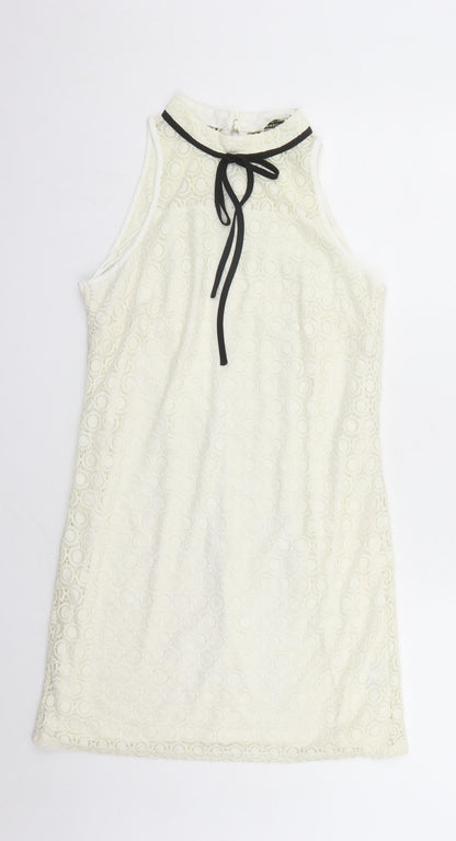 Miss Selfridge Womens Ivory Geometric Polyamide A-Line Size 10 Round Neck Zip