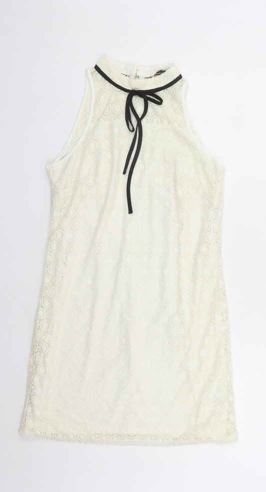 Miss Selfridge Womens Ivory Geometric Polyamide A-Line Size 10 Round Neck Zip