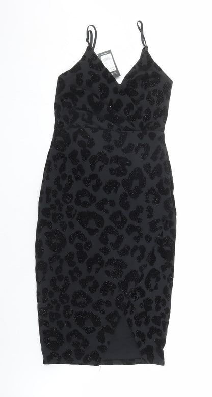 New Look Womens Black Animal Print Polyester Bodycon Size 8 V-Neck Pullover - Leopard Pattern