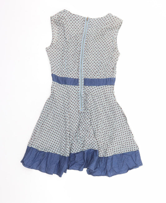Louche Womens Blue Geometric Cotton Fit & Flare Size L Round Neck Zip