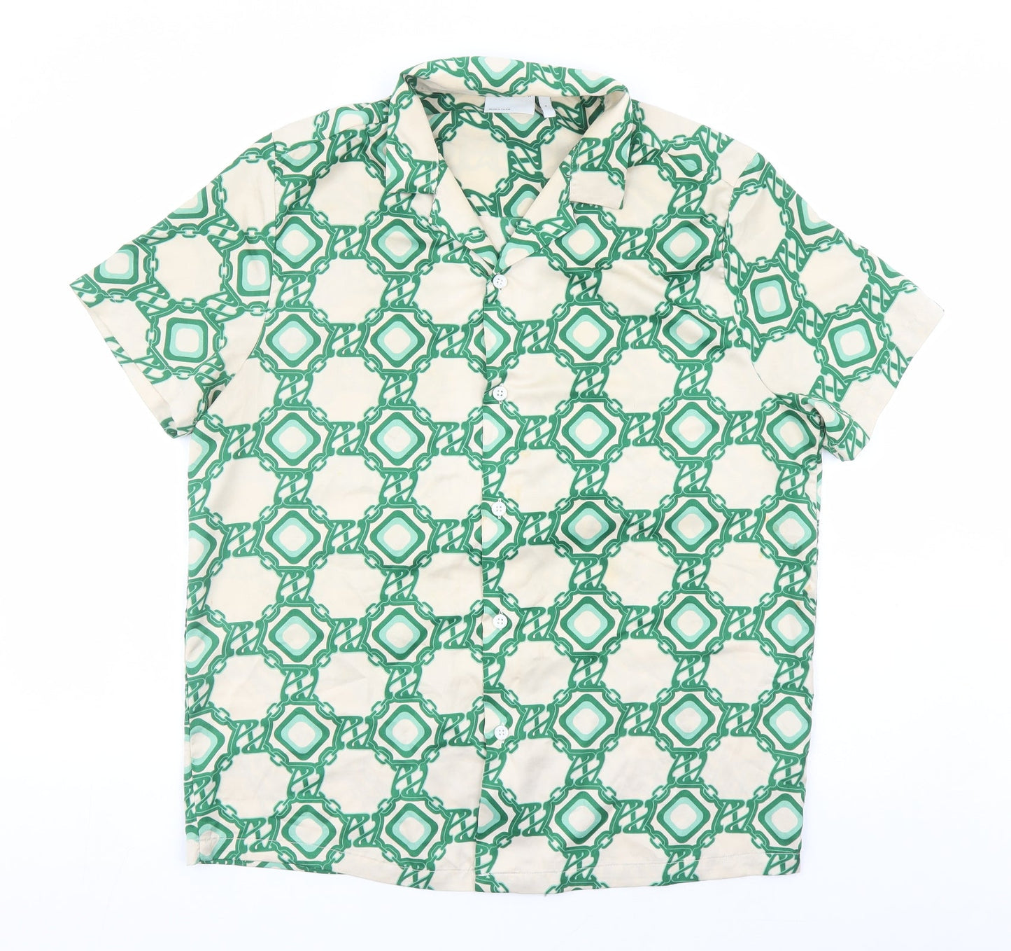 ASOS Mens Green Geometric Polyester Button-Up Size S Collared Button