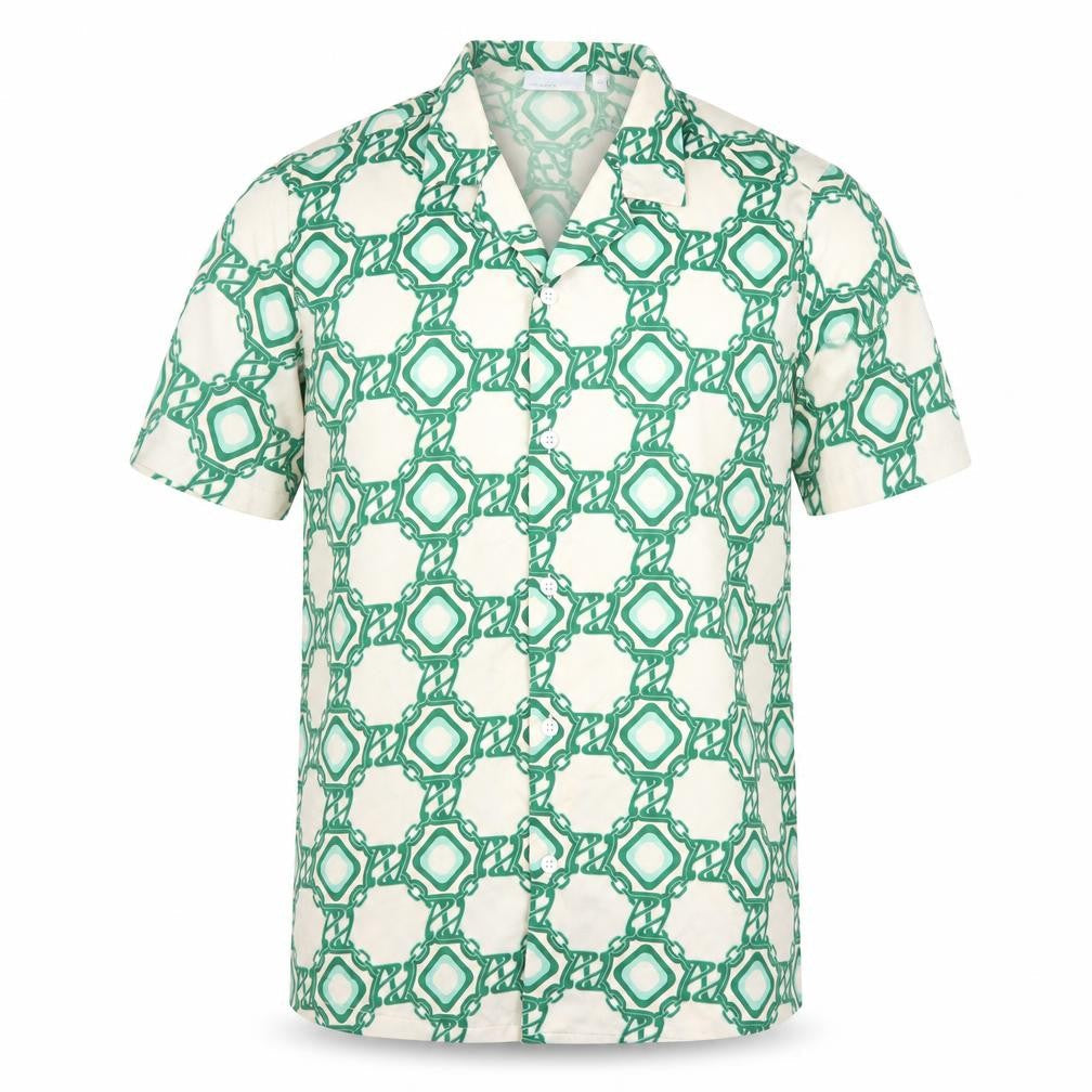 Front view of ASOS men’s green geometric polyester button-up, size S, collared button