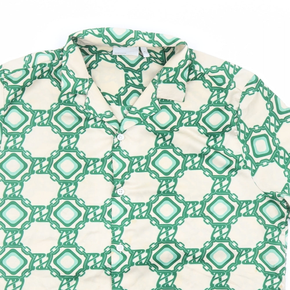ASOS Mens Green Geometric Polyester Button-Up Size S Collared Button