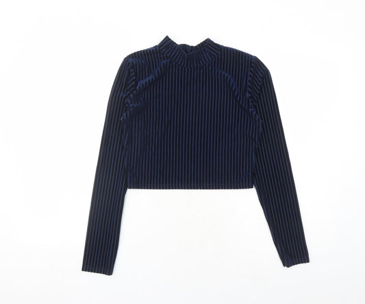 Glamorous Womens Blue Polyester Cropped Blouse Size 10 Mock Neck