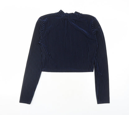 Glamorous Womens Blue Polyester Cropped Blouse Size 10 Mock Neck